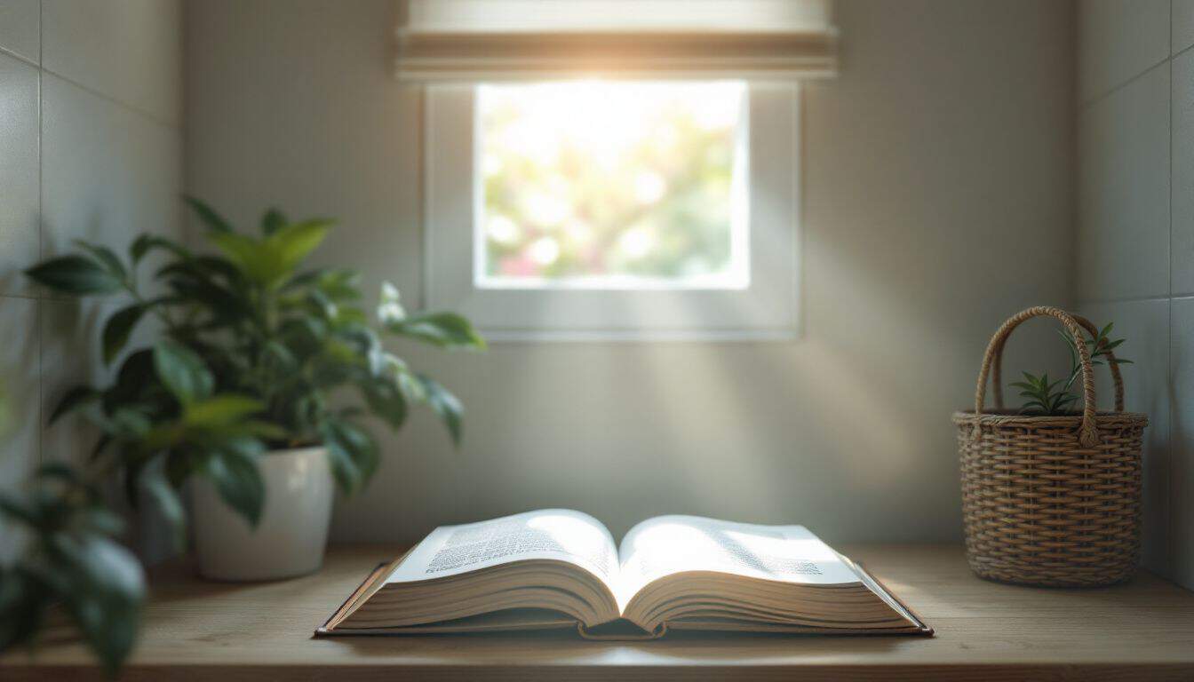 An open book on a wooden shelf in a tranquil bathroom.