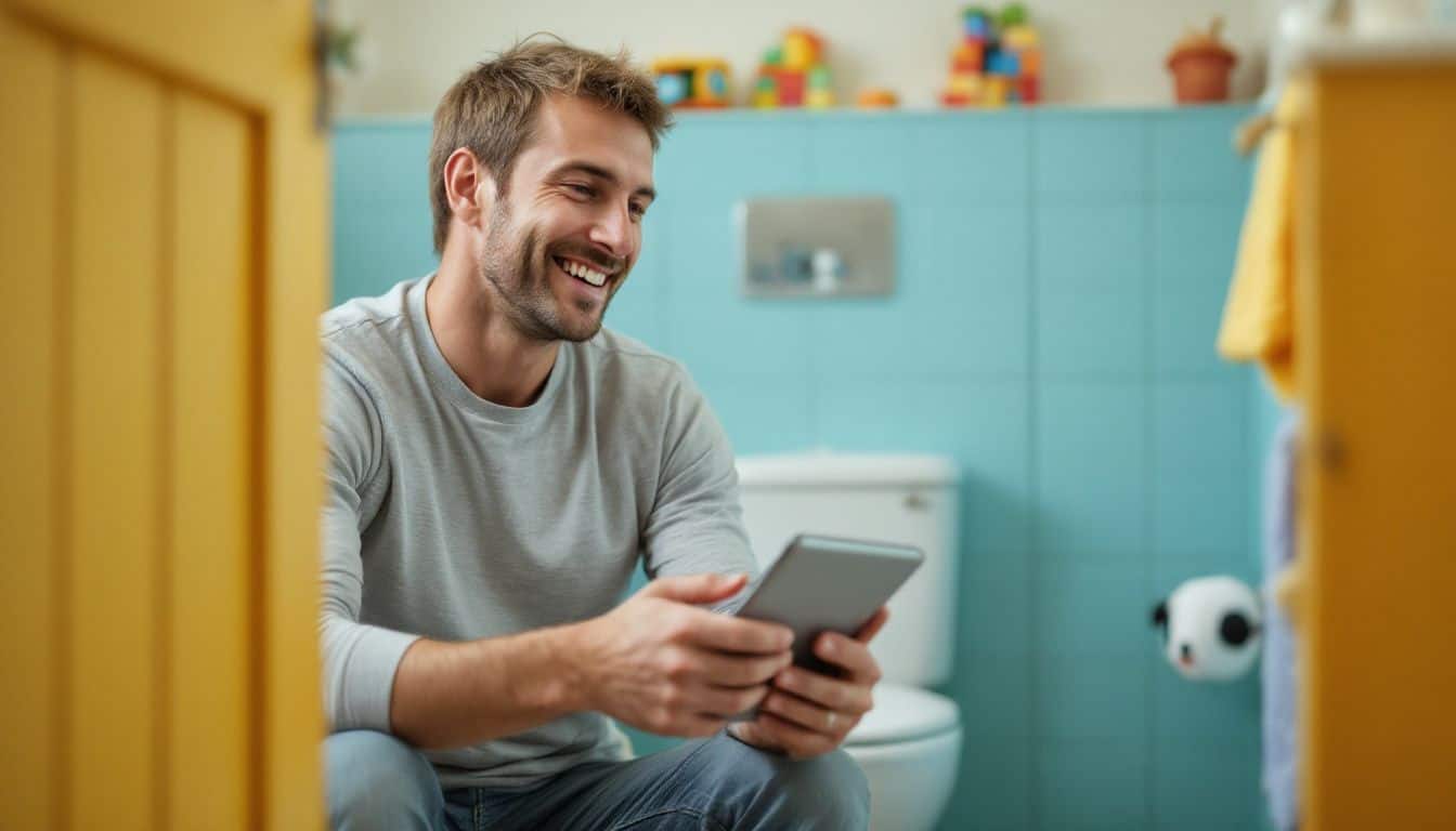 A man in his mid-30s enjoys playing a mobile game on a tablet while sitting on a toilet in a cheerful, playful bathroom.