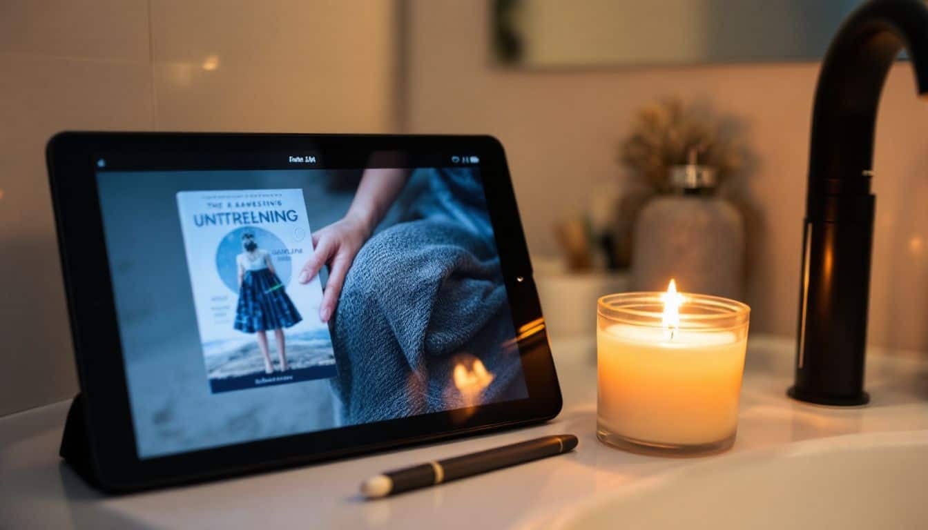 A modern bathroom with a digital tablet, scented candle, and book.