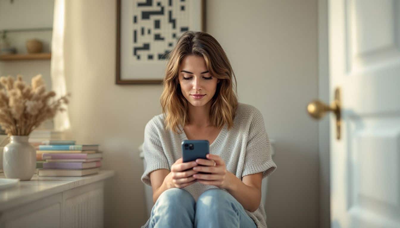 A woman in her 30s playing a mobile game in a cozy bathroom.