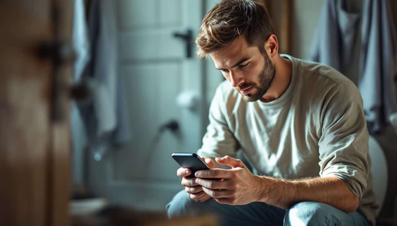 A man in his mid-30s is sitting on a toilet, sorting through emails on his smartphone in a cluttered bathroom.