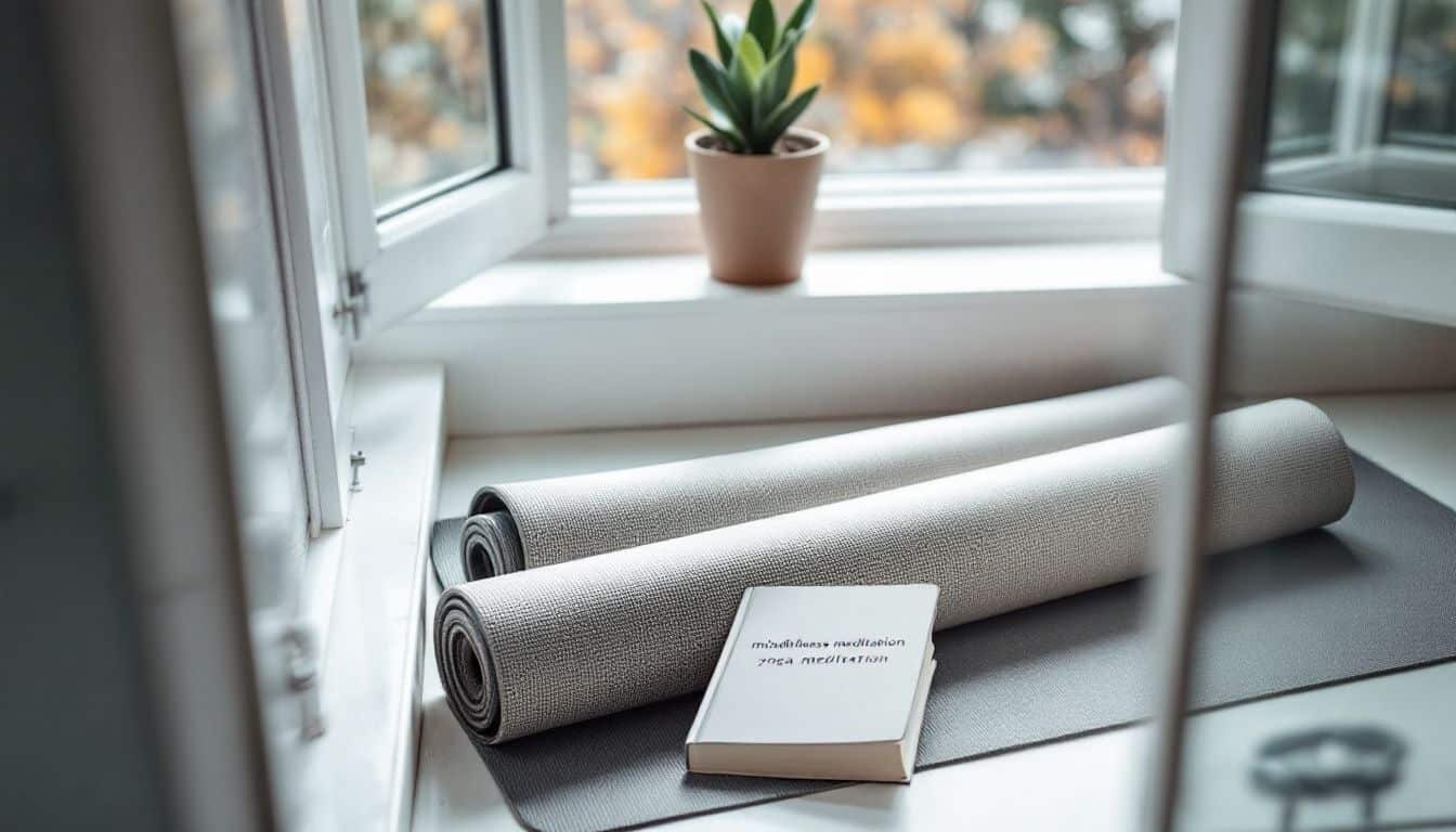 A serene and inviting bathroom with a rolled-out yoga mat and mindfulness book.