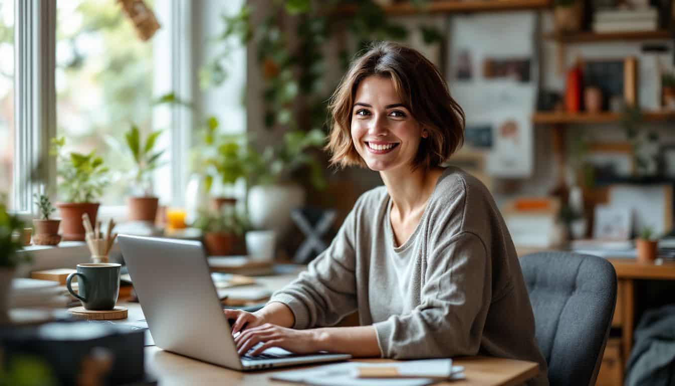 A person creating an online course in a cozy home office.