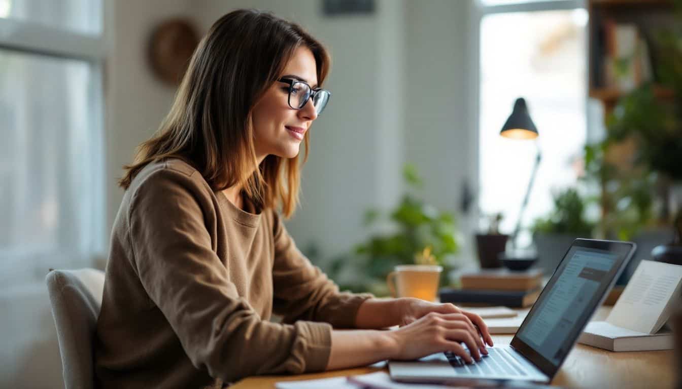 A woman in her 30s is working on creating a course on Thinkific.