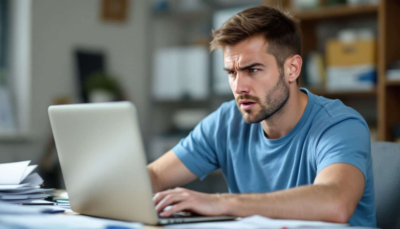 A frustrated man in his 30s sits at a cluttered desk.