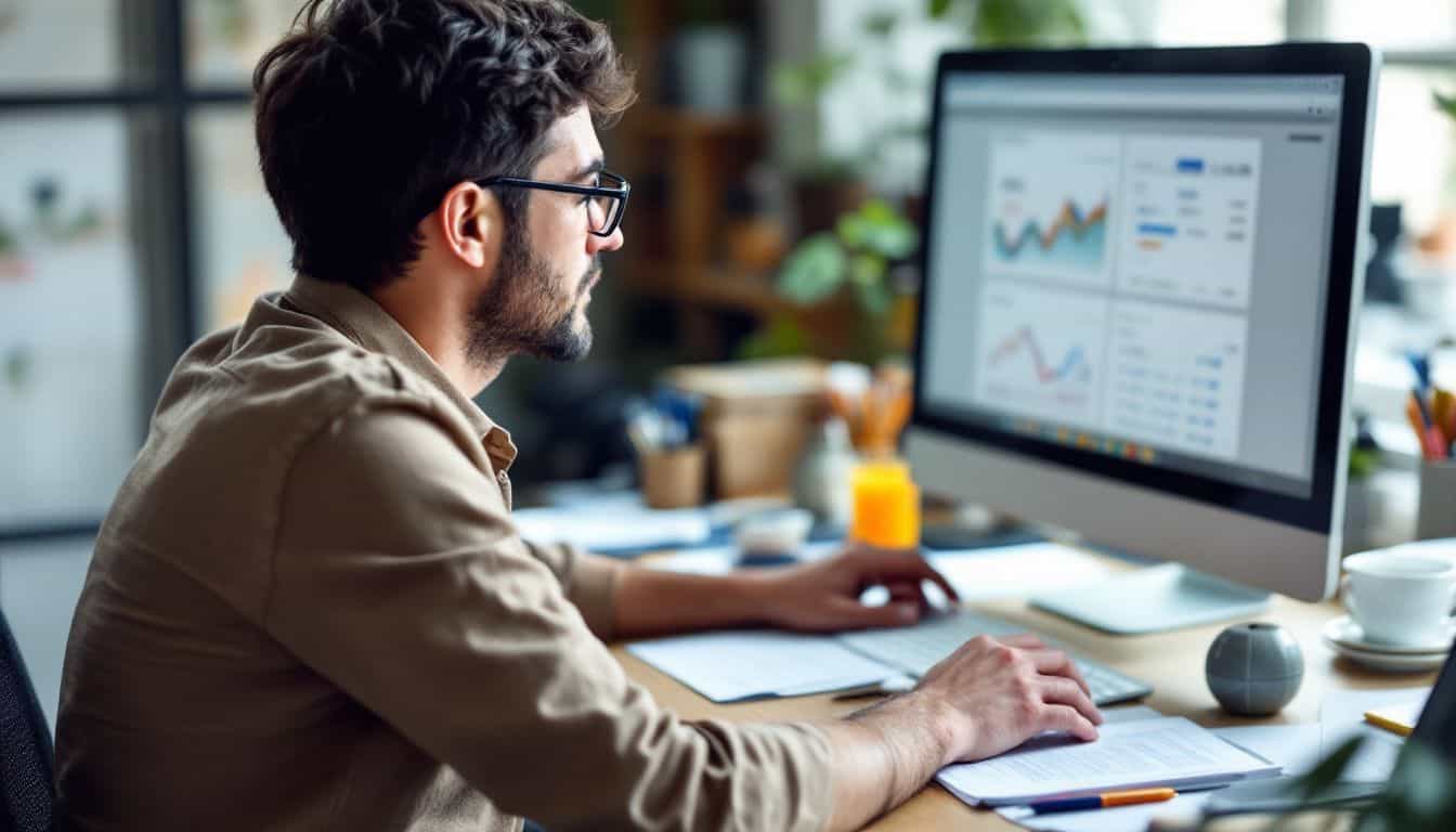 A small business owner analyzing sales data using Thinkific's analytics tools.