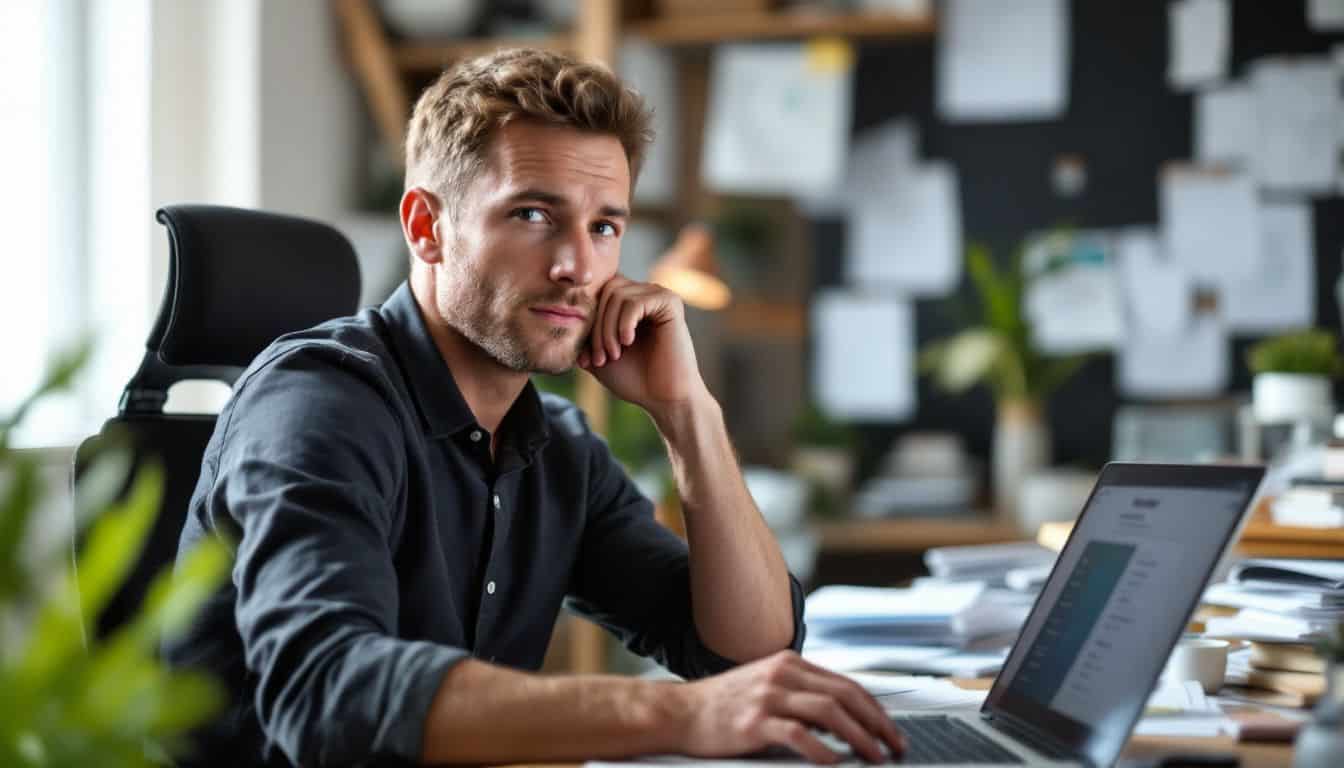 A man is sitting at a cluttered desk, looking at his laptop.