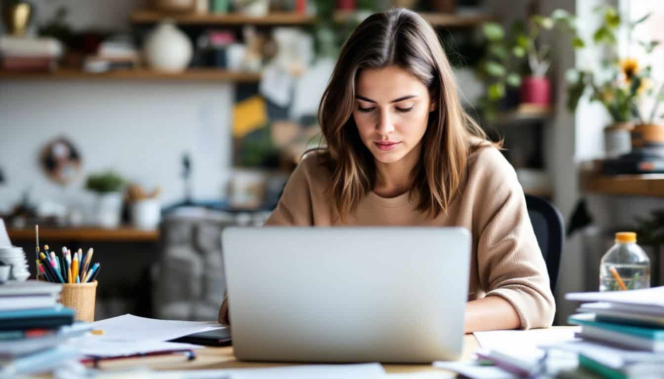 A woman compares online course platforms in a cluttered home office.