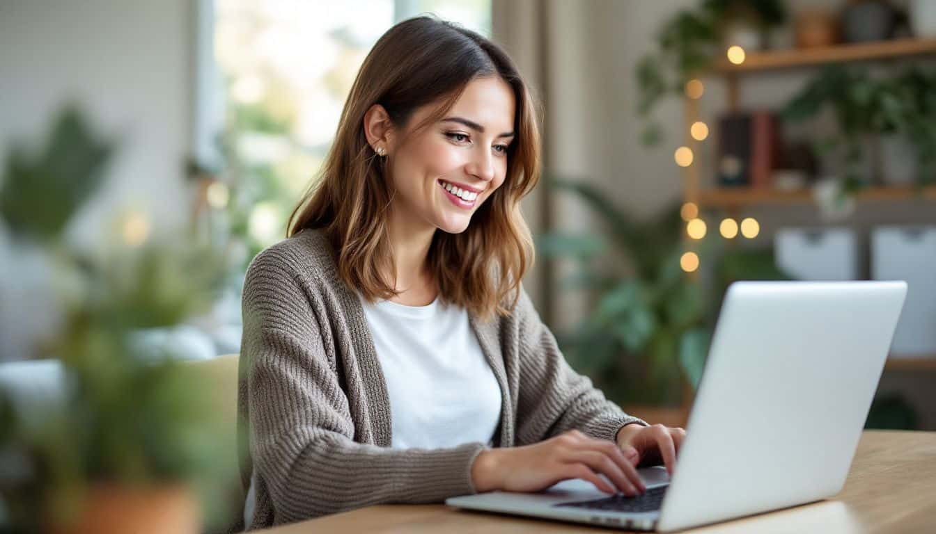 A woman in her thirties works in a cozy home office.