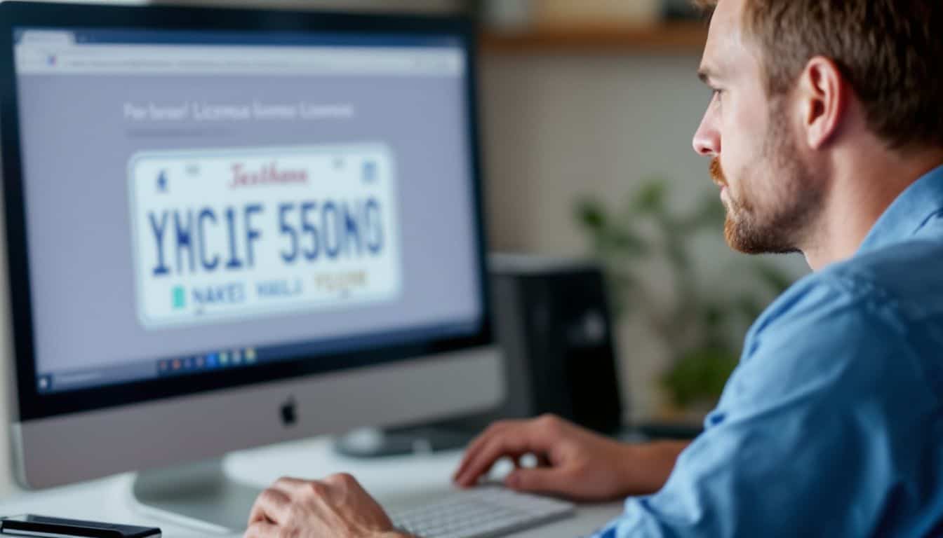 A man in his 40s is choosing a personalized license plate.