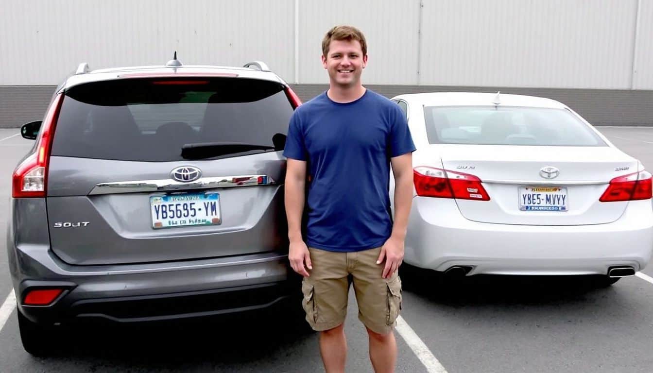 A person stands next to two cars with custom license plates.