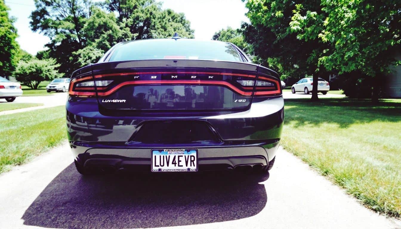 A parked car with a customized 'LUV4EVR' license plate in a suburban driveway.