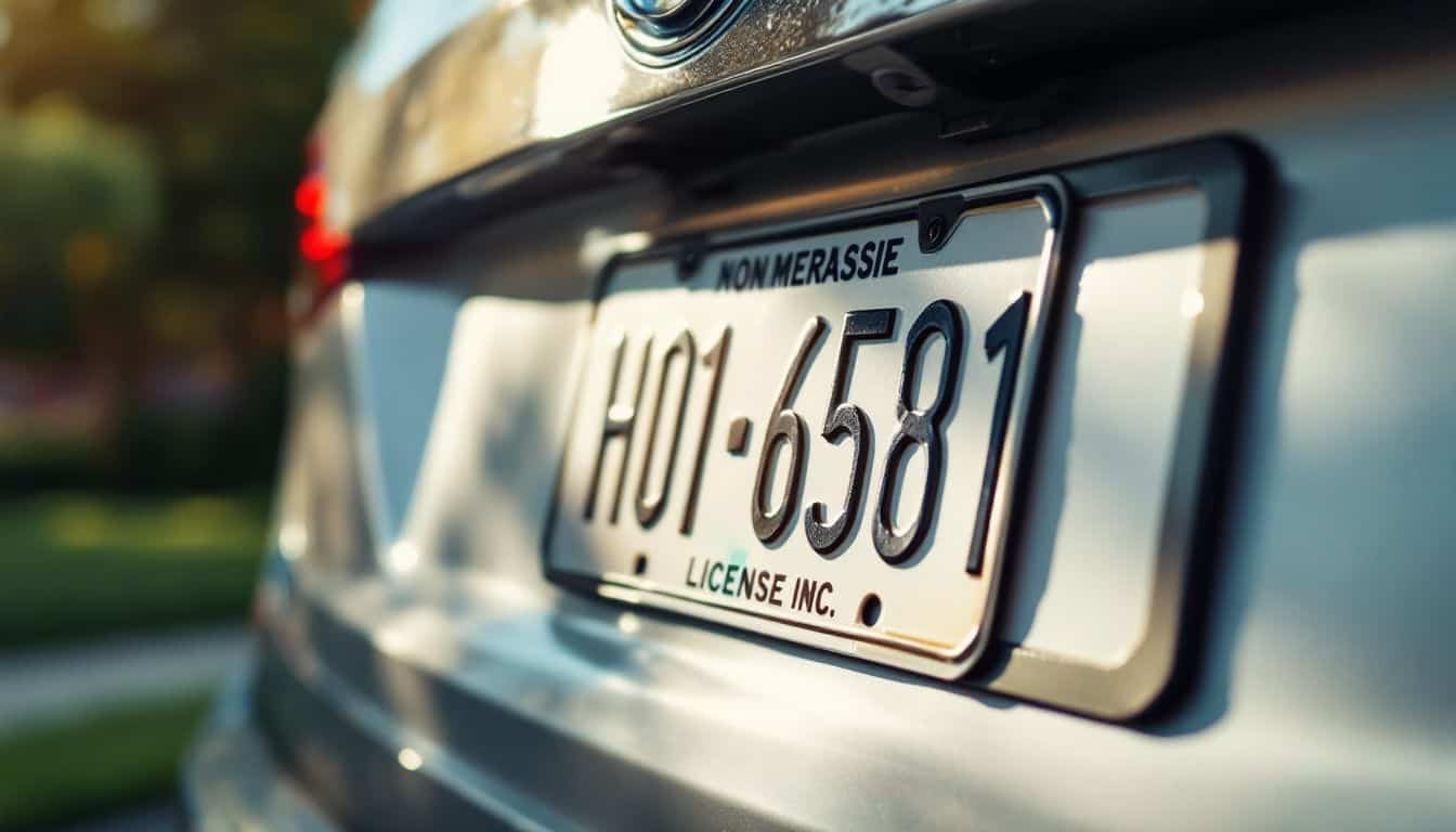 A personalized license plate being attached to a parked car.