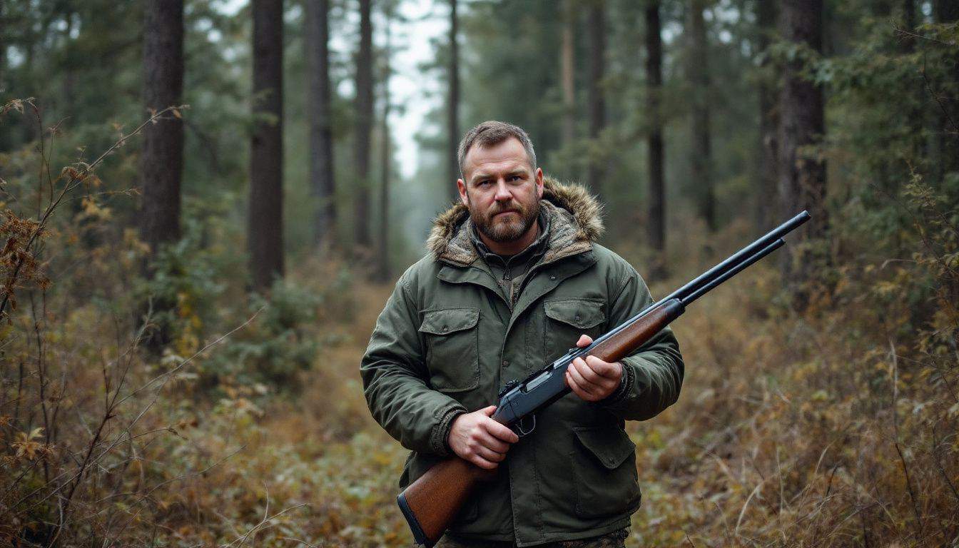 A mid-aged hunter stands in the woods with a rifle.