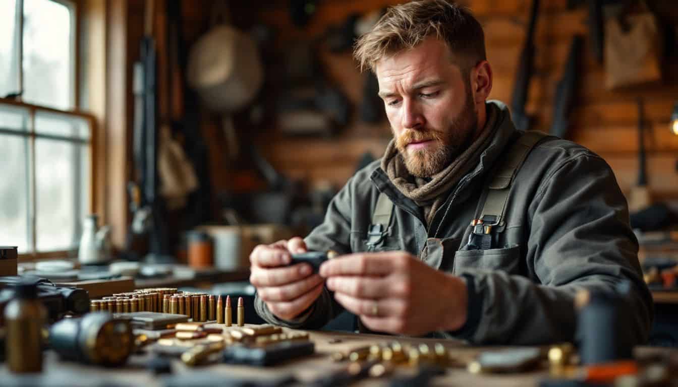 A hunter examines ammunition options in a rustic hunting cabin.