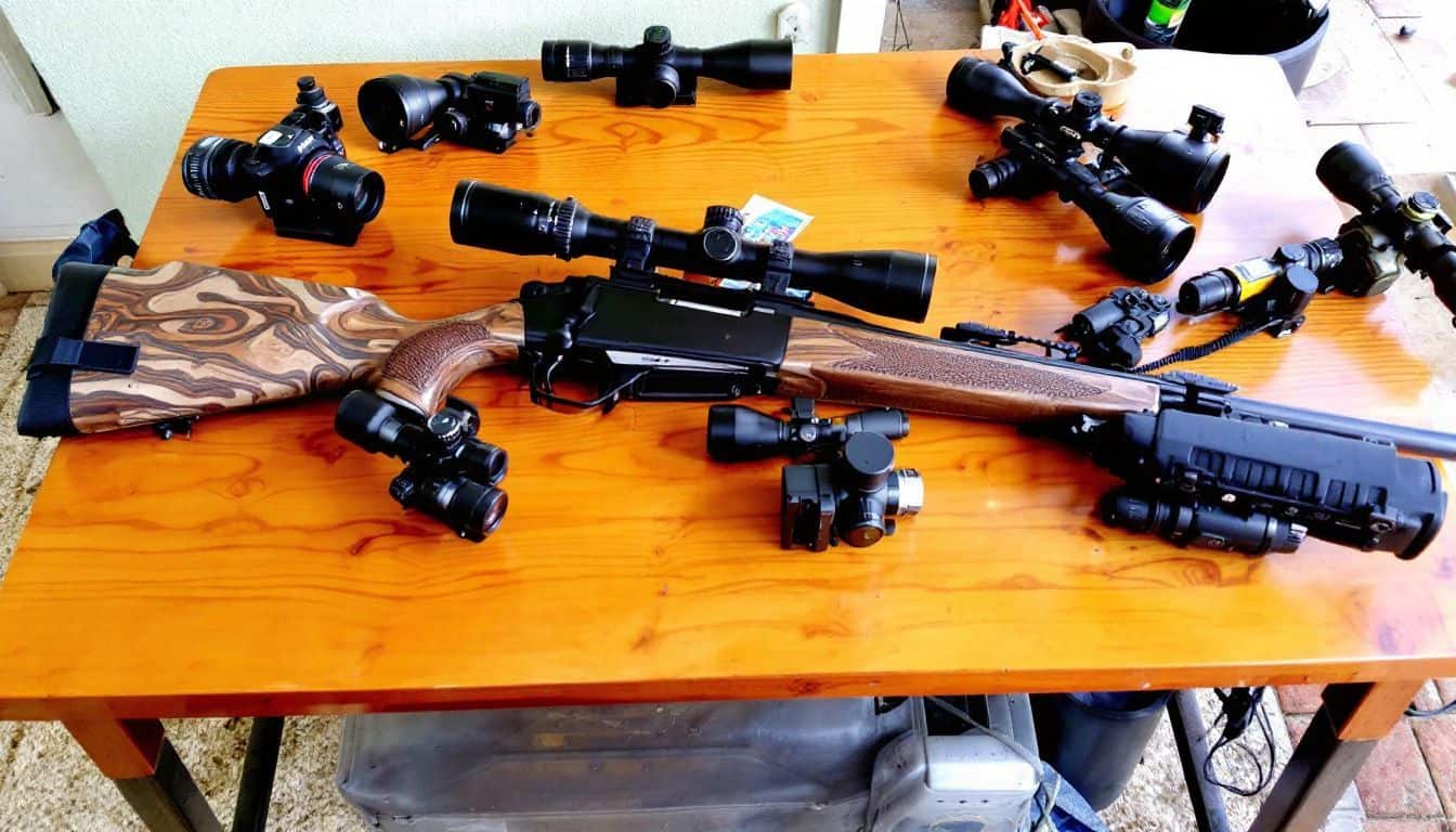 A hunting rifle and various optics on a wooden table.