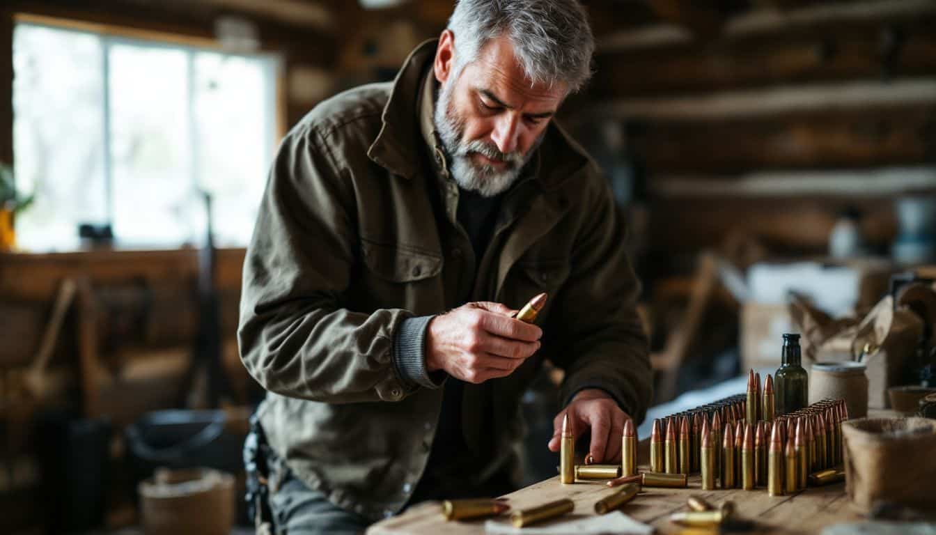 A man in outdoor attire selects hunting cartridges in a rustic cabin.