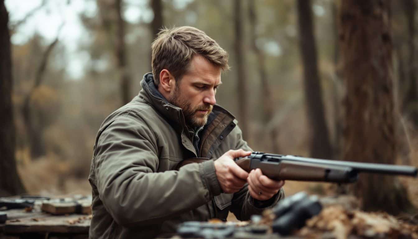 A hunter adjusting rifle stock at outdoor shooting range.