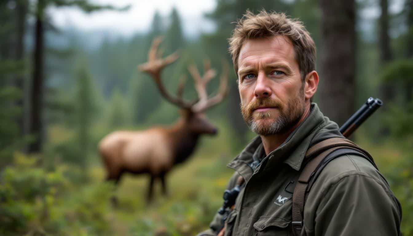 A hunter with a .270 Winchester rifle standing in a forest with an elk in the background.