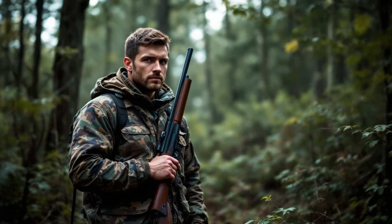 A hunter with a rifle in a dense forest.