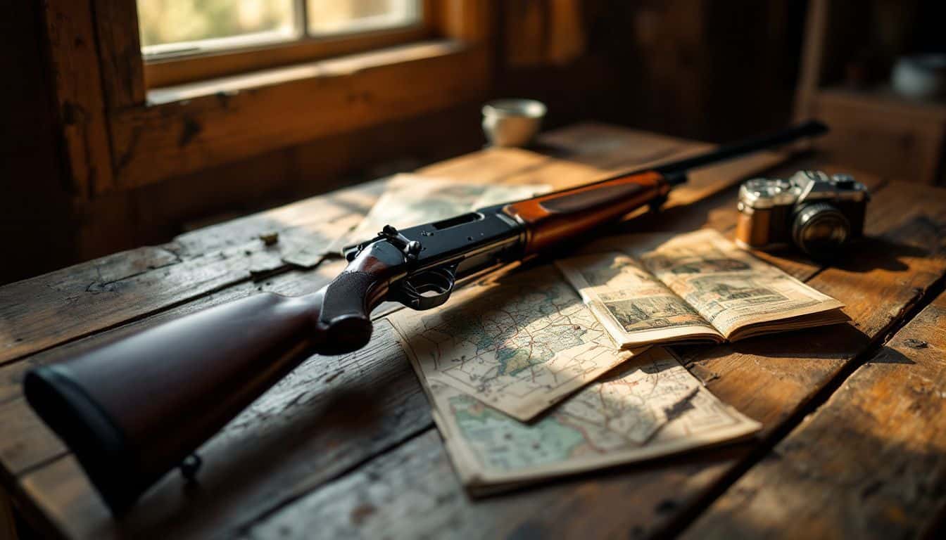 A hunting rifle and magazines on a wooden table in a cabin.