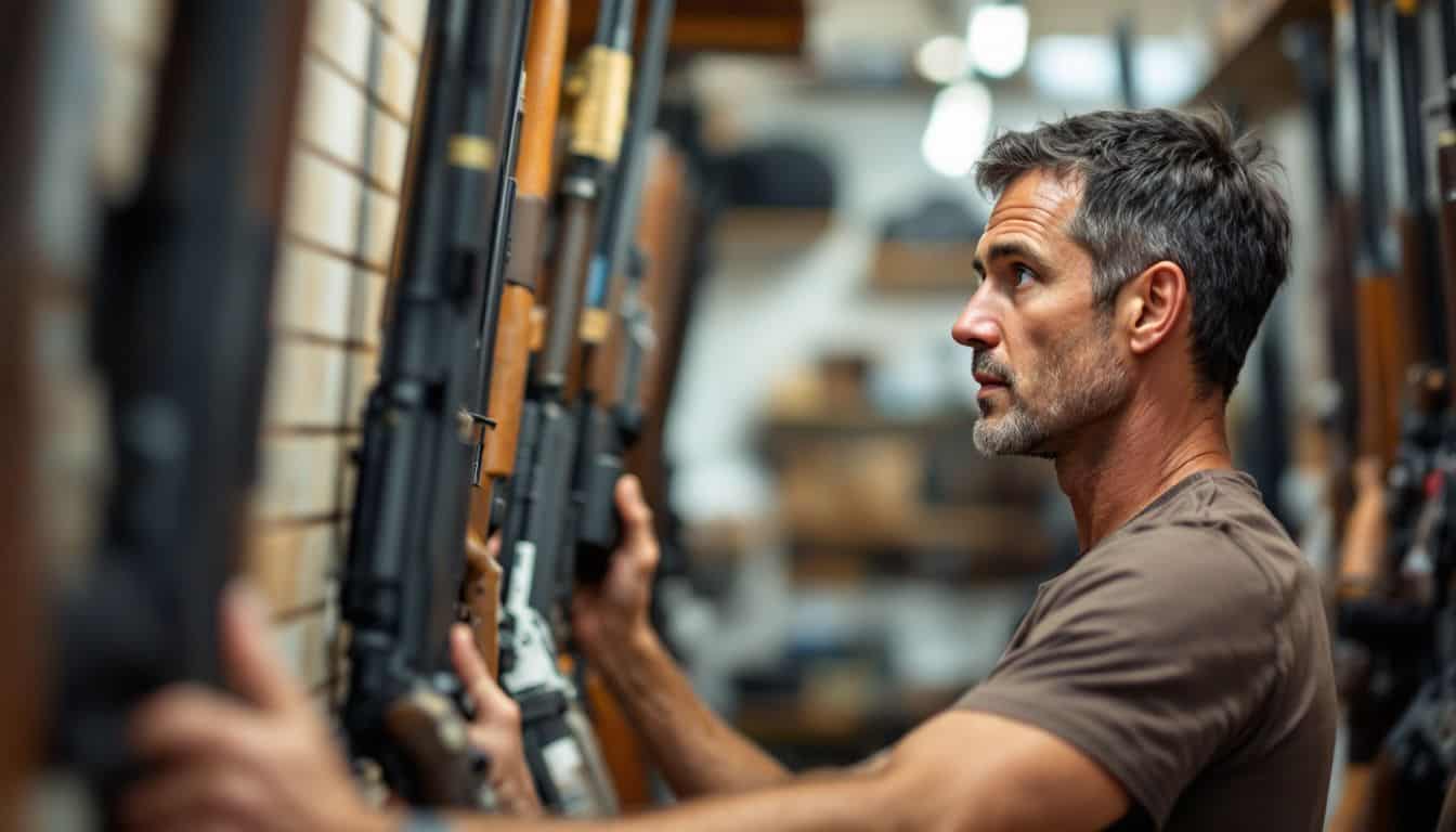 A man browsing rifles in a gun store.