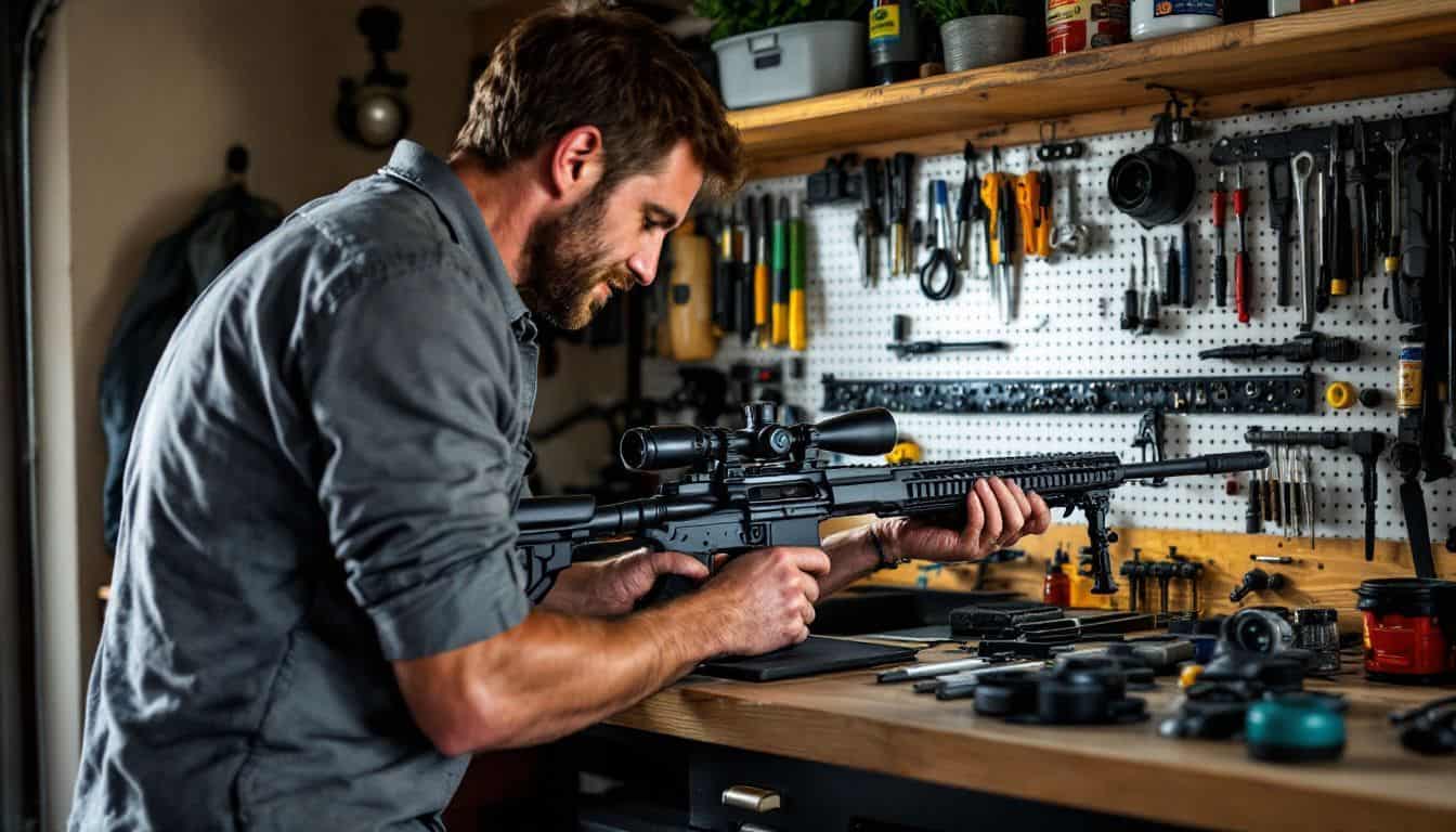 A man in his mid-30s carefully places his rifle in a gun safe in a garage.