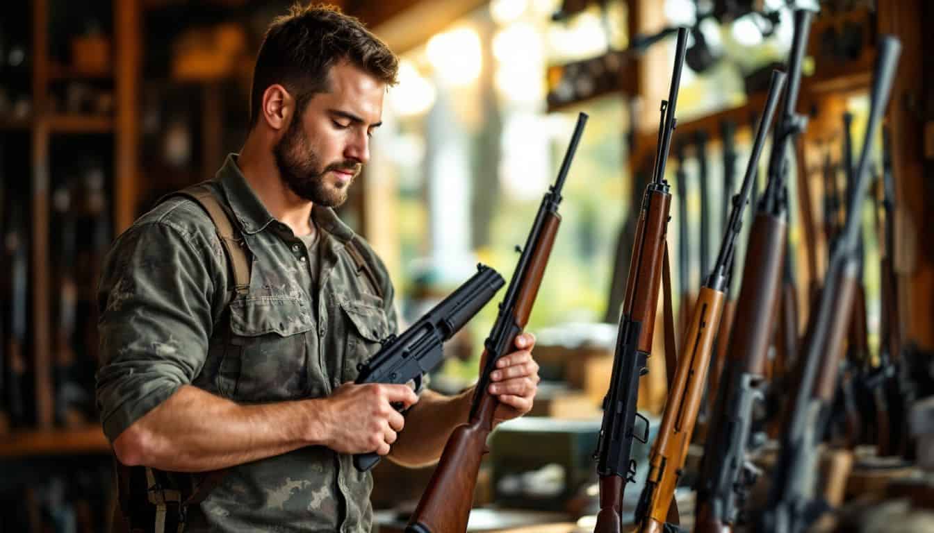 A hunter examines rifles in an outdoor gun store.