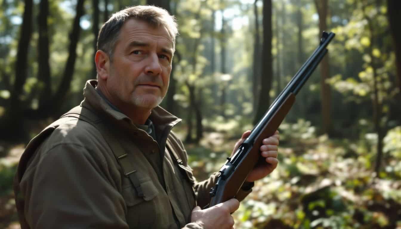 An experienced hunter holds a lever-action rifle in a forest clearing.