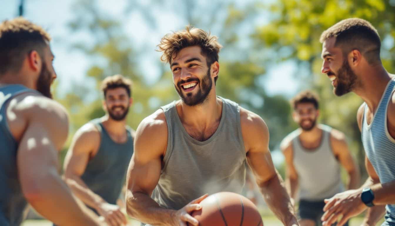 A group of young men play competitive basketball in a park.