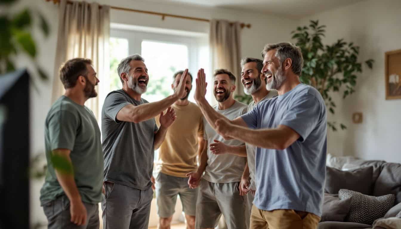 A group of middle-aged men cheer for their favorite team on TV.