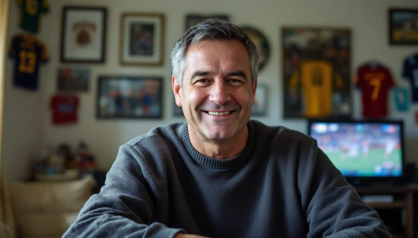 A middle-aged man in a casual sweater enjoys watching sports at home.