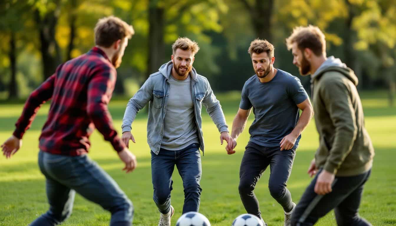 A group of men in their 30s playing a casual soccer match in the park.