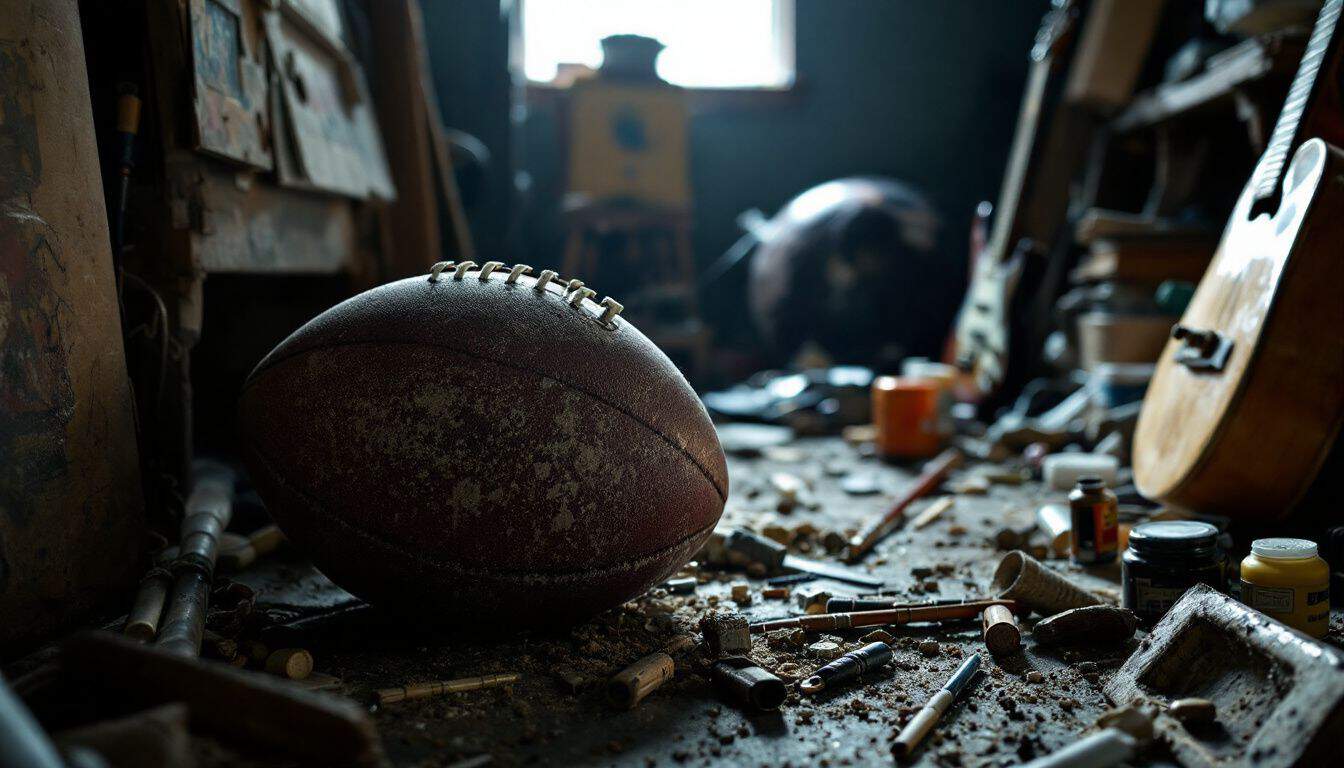 An old, dusty football sits among neglected art supplies and instruments.