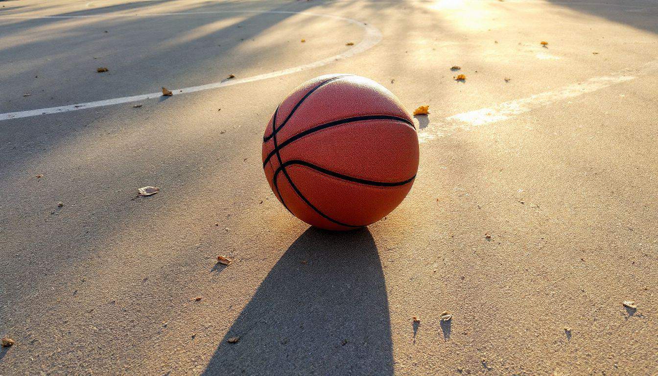 A worn basketball on a dusty outdoor court in the sun.