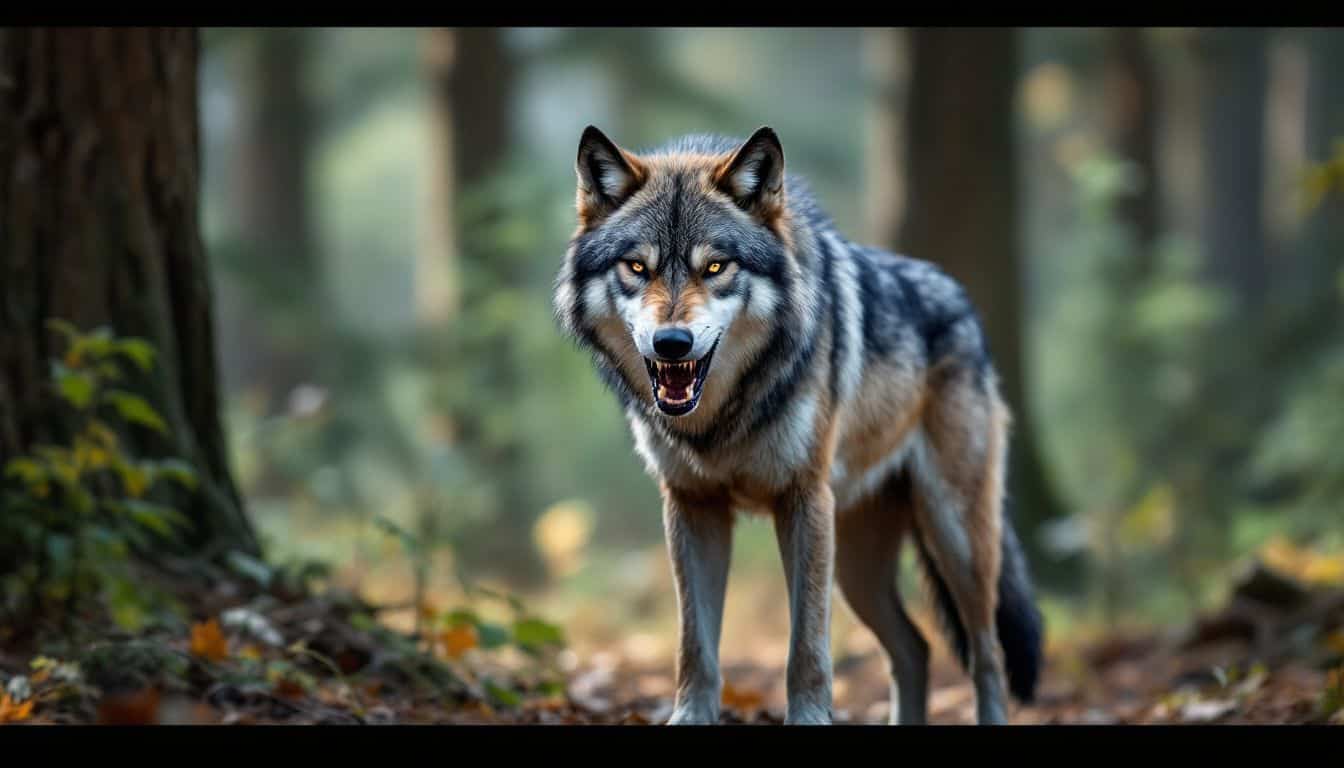 A lone wolf displaying aggressive behavior in a forest setting.