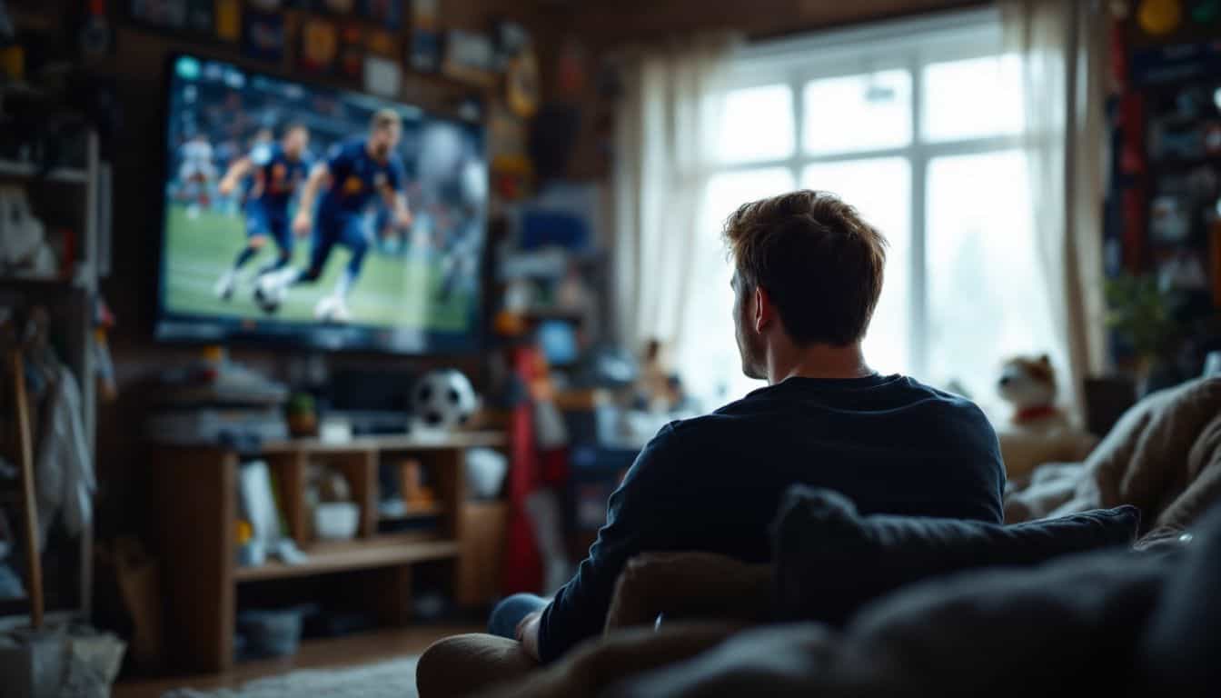 A man in his thirties watches a live sports game.