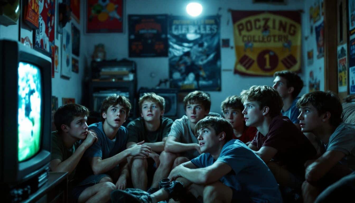 A group of boys enjoying a sports highlight reel in a basement.