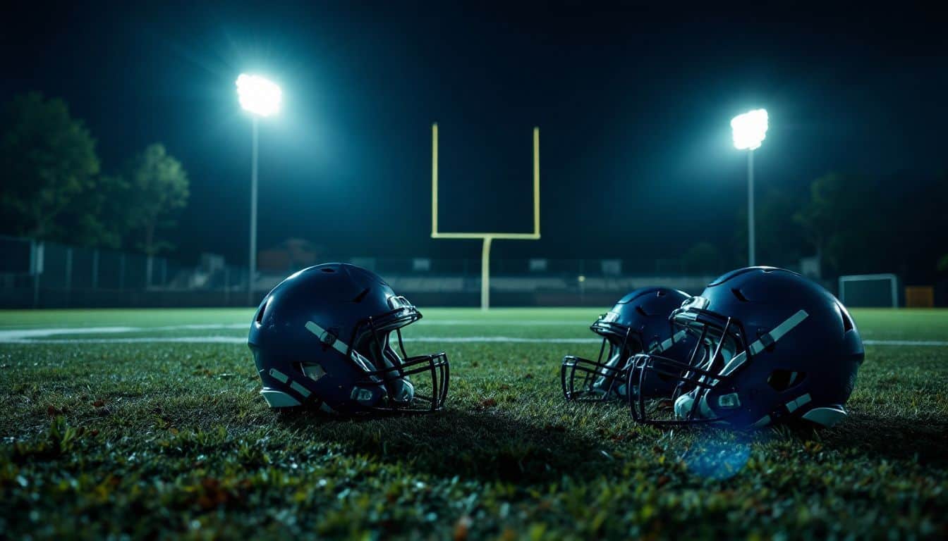 A football field with equipment and stadium lights creating a masculine atmosphere.