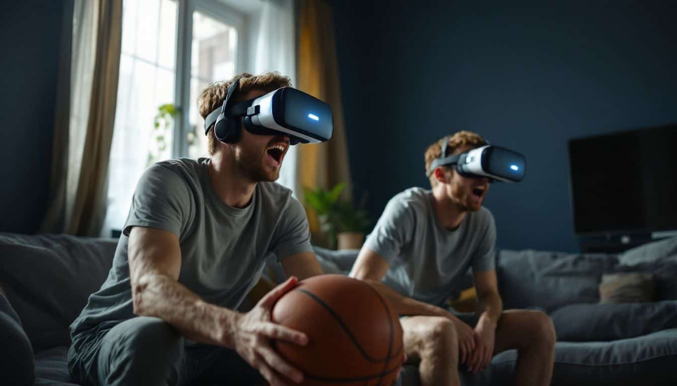 Two men in their 20s playing intense virtual reality basketball.