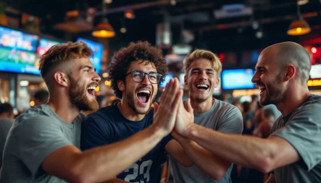 Four young men celebrating and cheering together in a sports bar.