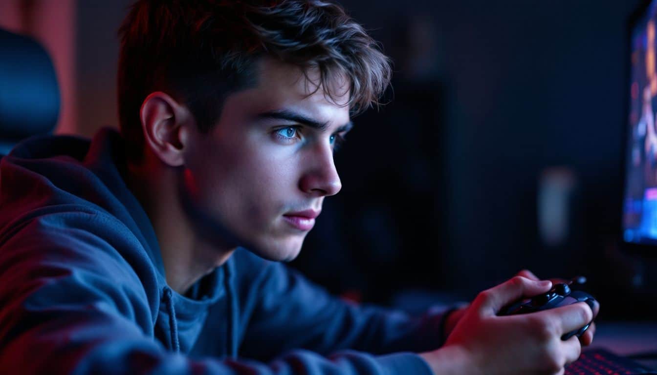 A focused young man plays a high-stakes online video game tournament.