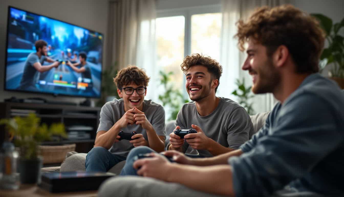 Four teenage boys enjoying multiplayer video games in a cozy living room.