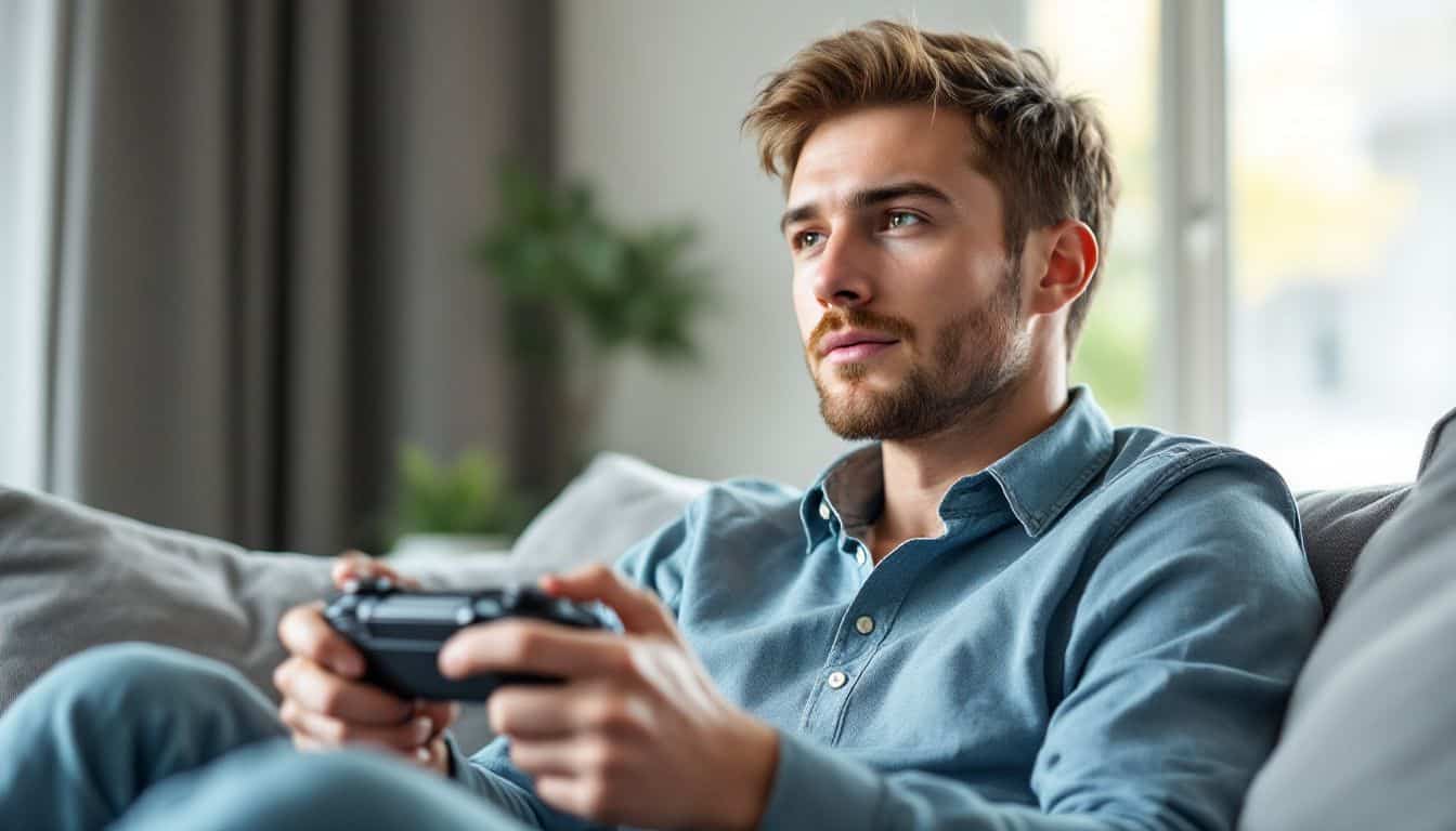 A young man sits on a couch, focused on playing a video game.