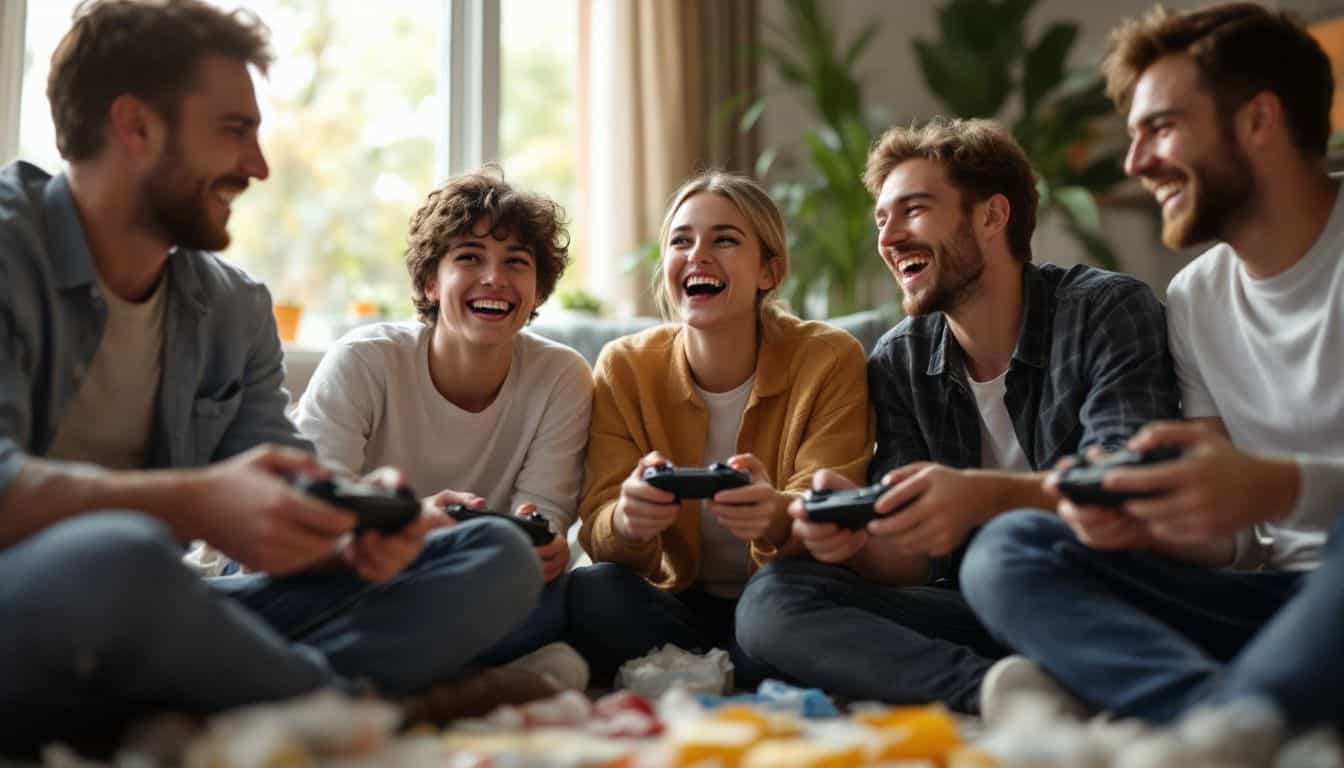 A group of young gamers having a fun and social gaming session.