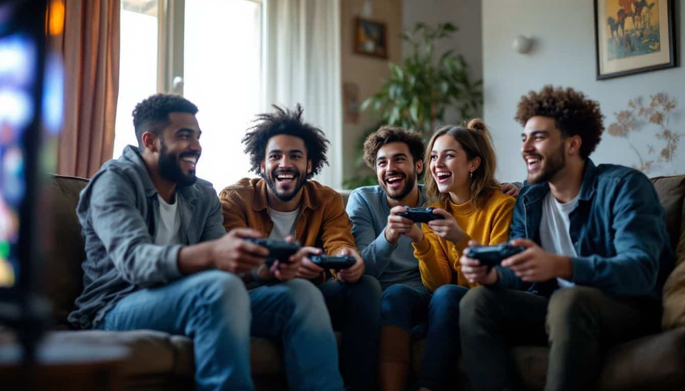 Four young adults playing video games on a cozy living room couch.