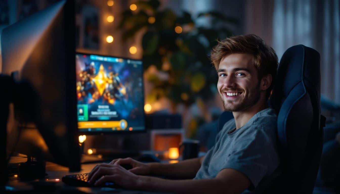 A young man sitting in a gaming chair, smiling after winning.