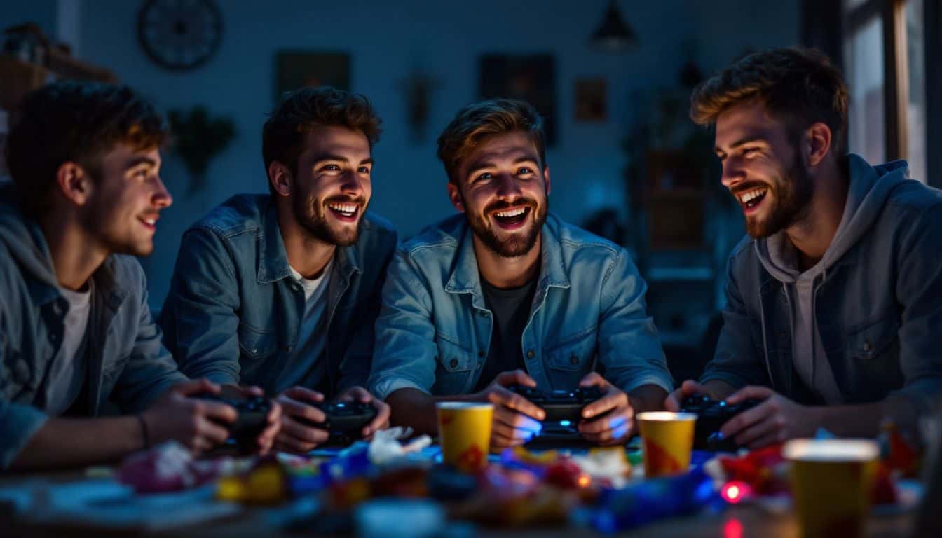 Four gamers playing cooperatively around a cluttered table with gaming equipment.