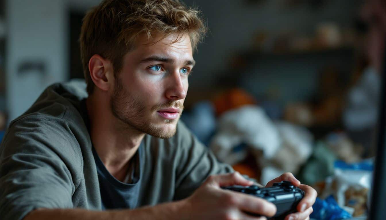 A young man playing video games in a messy room.