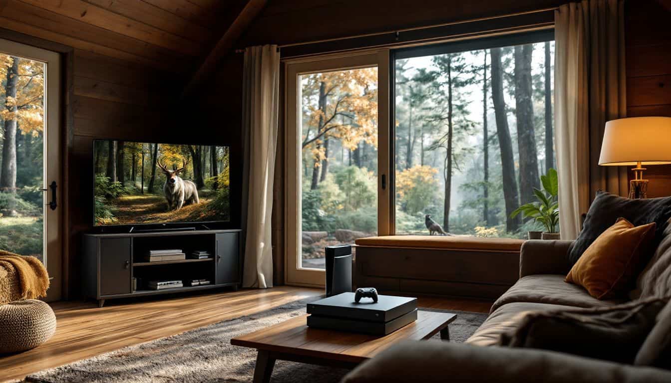 A cozy cabin in a peaceful forest clearing with a gaming setup.